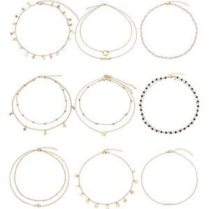 9 Pieces Gold Layering Chain Choker Necklace Layered Pendant Statement
